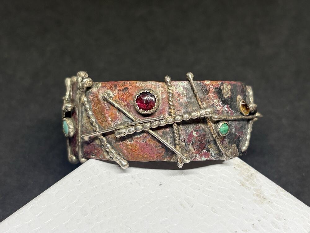 Artisan Studio Mixed Metal Bangle Bracelet Multi Gemstone Brutalist Signed BBD